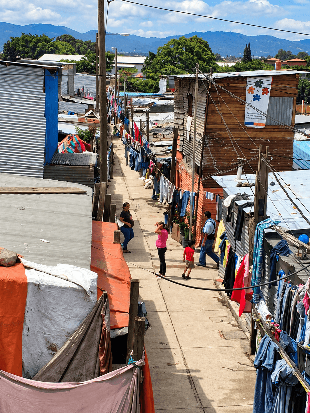 A narrow neighborhood walkway between colorful homes