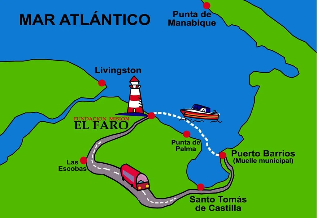 Un mapa ubica El Faro, Livingston, Río Dulce y Puerto Barrios.